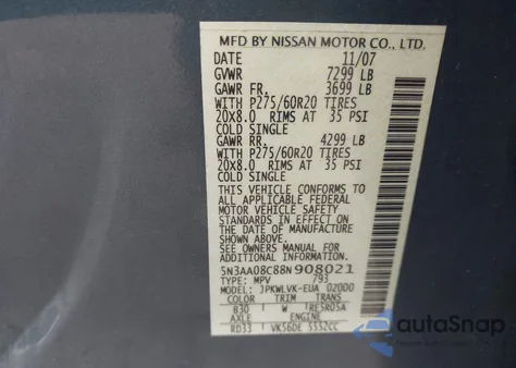 2008 Infiniti Qx56 from USA, damaged, VIN 5N3AA08C88N908021